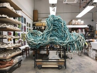 Blu Dog, Fired and glazed ceramic wired with baling wire on to a steel armature, 72 x72 x 36 inches, 2019. Photo Credit: Annabeth Rosen