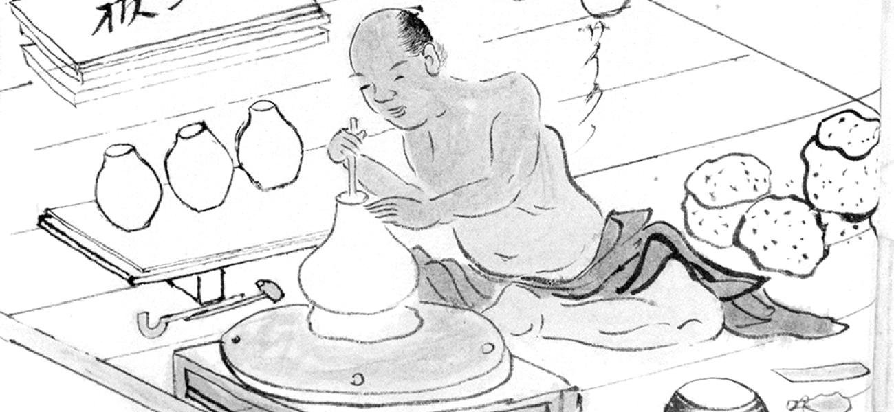 A workshop making teapots in Shigaraki, 1872. 