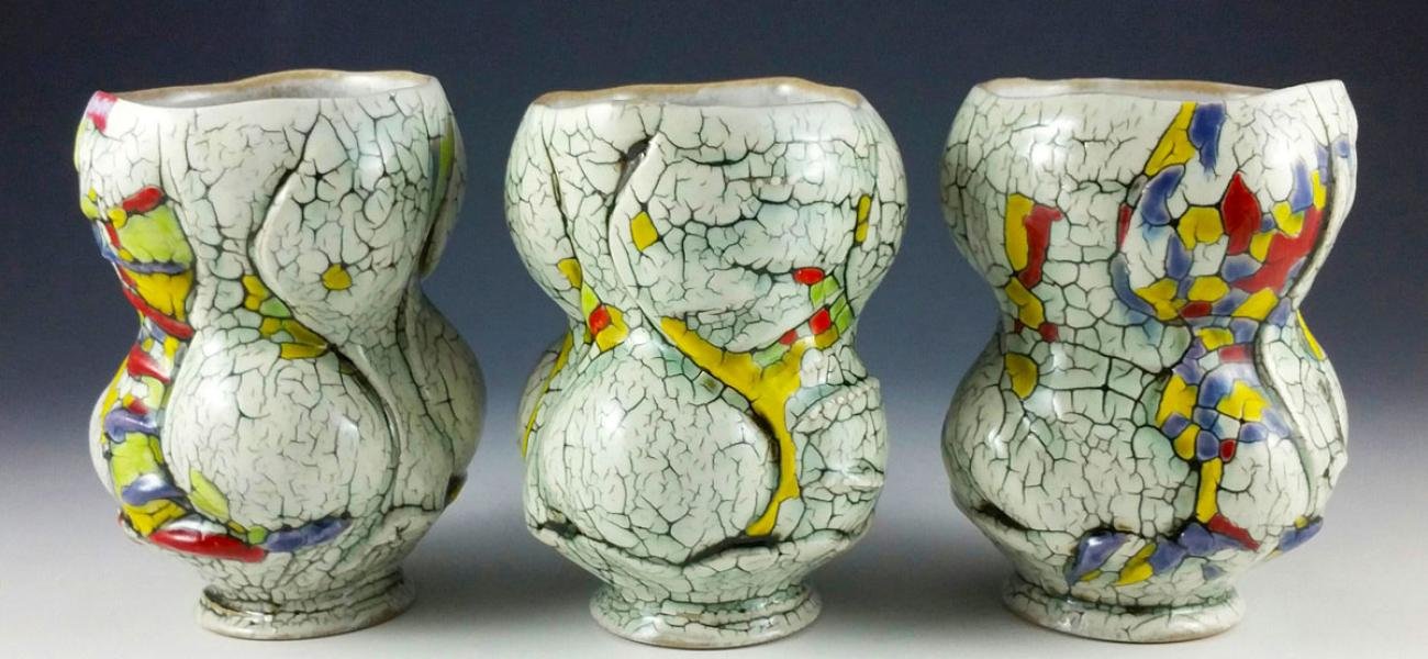 Eric Botbyl. Scraggler Cups, 2018. 5.25 in. tall. Thrown and altered stoneware, multiple slips and underglazes, multiple firings to 2232°F. Collection of Rebecca Spector. Photograph by author.