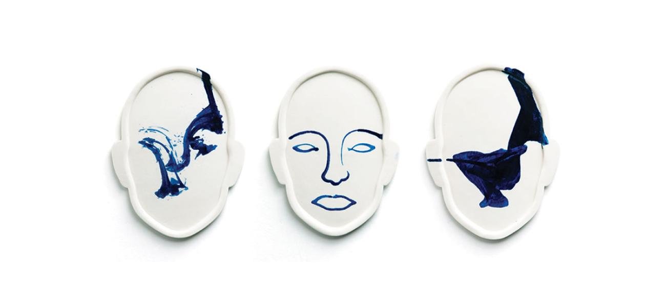 Adam Chau, Contour Plates, 2017. Pie-molded porcelain with CNC cobalt decoration, 8 x 7 x 0.25 in. Photograph by the artist.