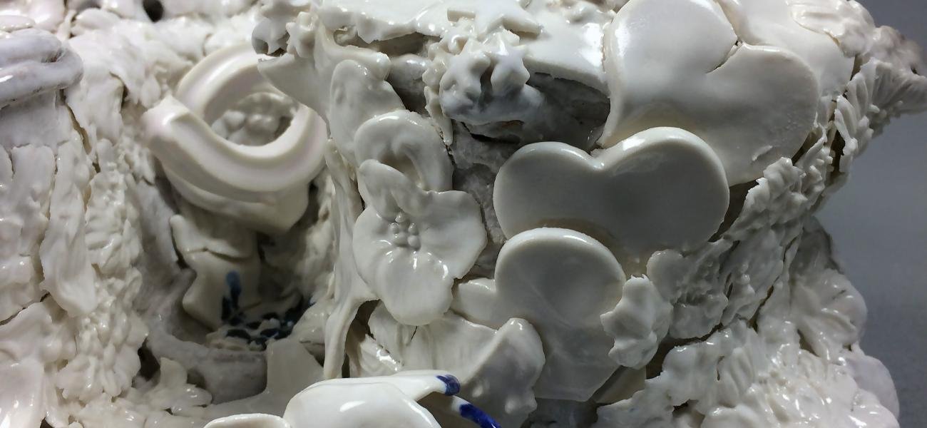 Hannah Walters, “Inkwell,” 15.75″x12″x6″, porcelain and crank clay with tin glaze