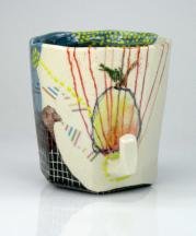 Optimism, 2015. Porcelain and decals, thrown and altered, fired at Cone 6, 03, and 014 in oxidation. 3.75 x 4 x 3.5 in. Photograph by Grace Sheese.