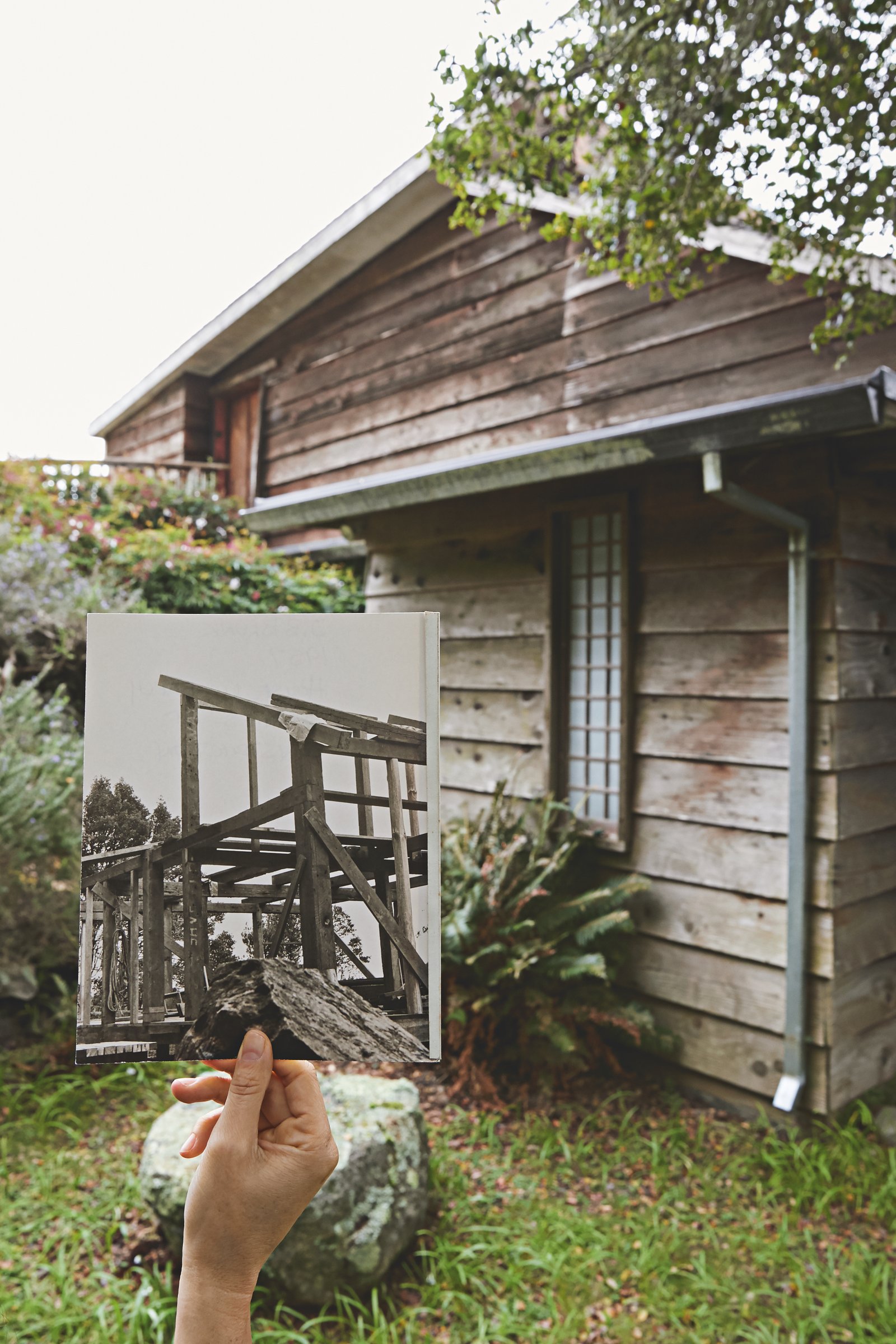 Blunk’s house under construction, 1960 and 2018. Photo Credit: Daniel Dent, Concept: Åbäke, Copyright JB Blunk Collection