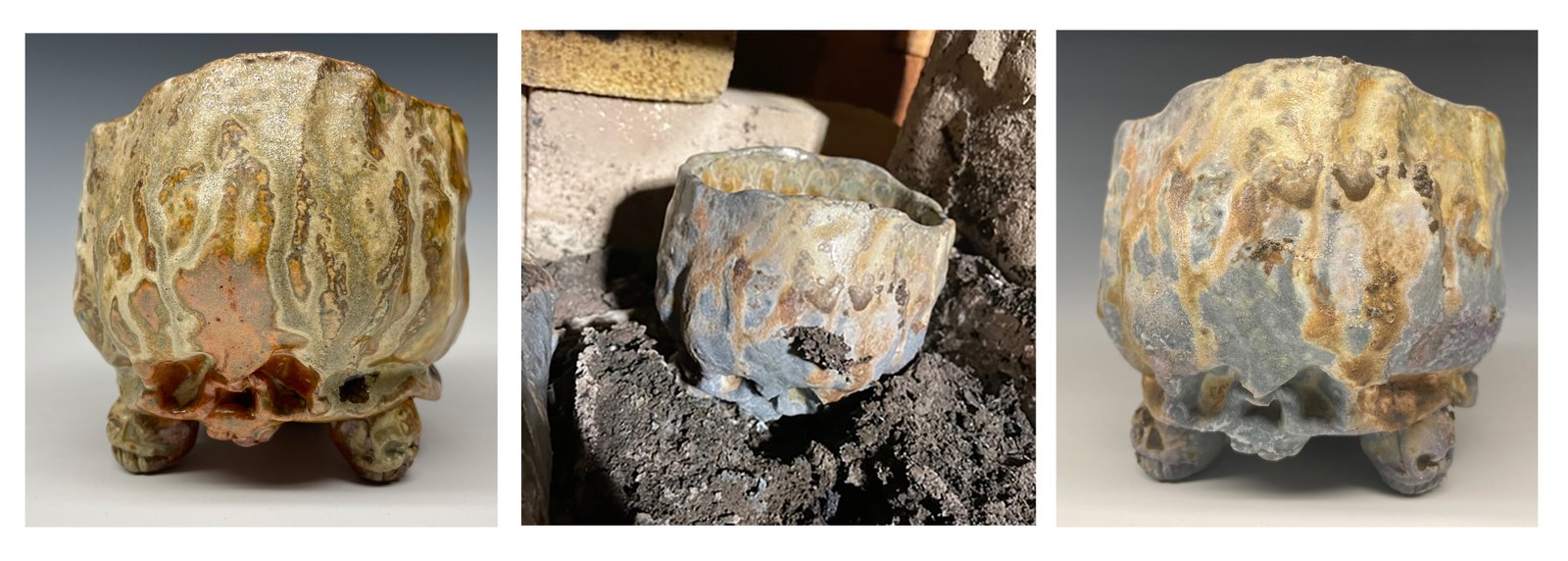 L to R: Gas-fired skull cup with glaze and shaken ash. Same cup retired in saggar post-firing. Final product after clean-up.