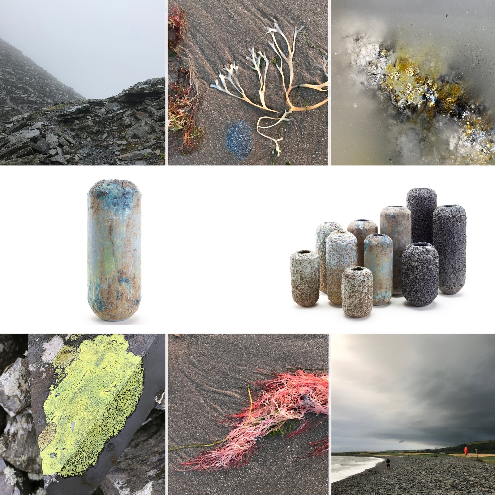 Top Row: Slate at Blaenau Ffestiniog; Seaweed on wet sand, Llanrhystud; Glaze material slaking down. Middle Row: Cylinder, tapered rim, porcelain, 36 x 15 cm; Cylinders, tapered rims, stoneware and porcelain, 57 x 18 cm (tallest). Bottom Row: Lichen on slate, Blaenau Ffestiniog; Seaweed in wet sand, Llanrhystud; Llanrhystud, Cardigan Bay looking south.