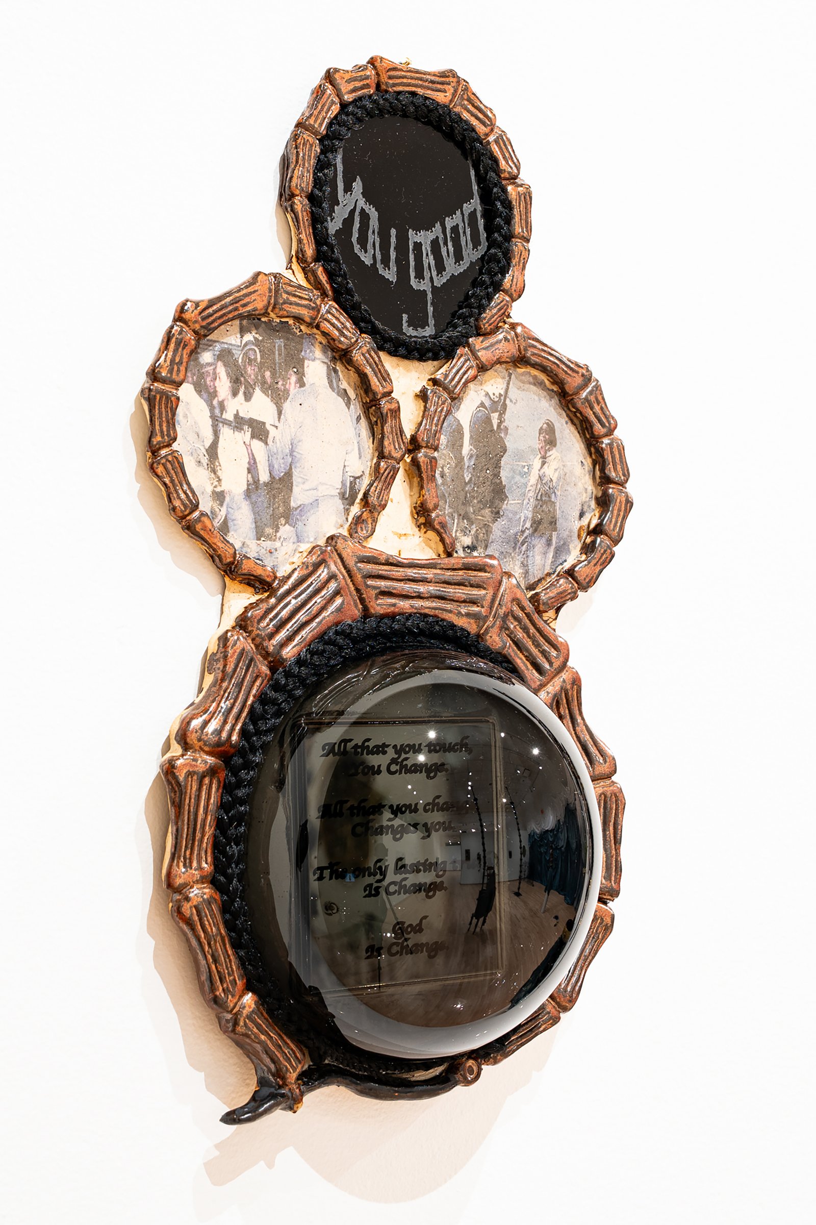 Angelique Scott, Translation: IWAMFW, 2025, clay, glaze, glass, metal, 19” x 11” Angelique Scott, Translation: IWAMFW, 2025, clay, glaze, glass, metal, 19” x 11”