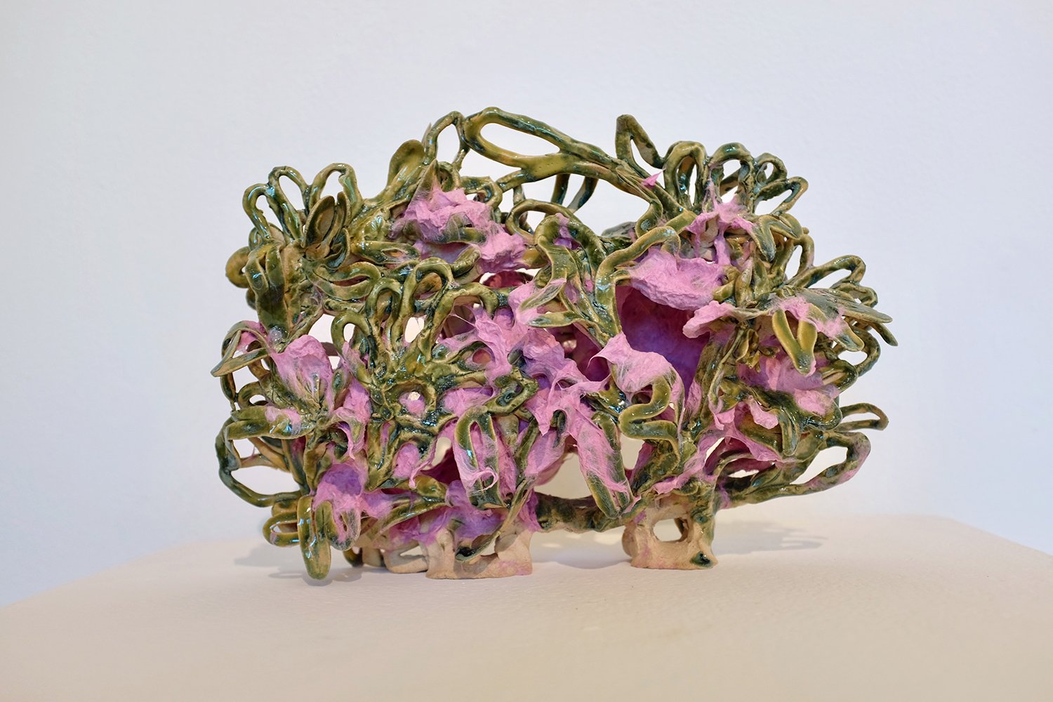 “Succession (for Ahcha),” glazed ceramic, kozo, plastic, 2021 