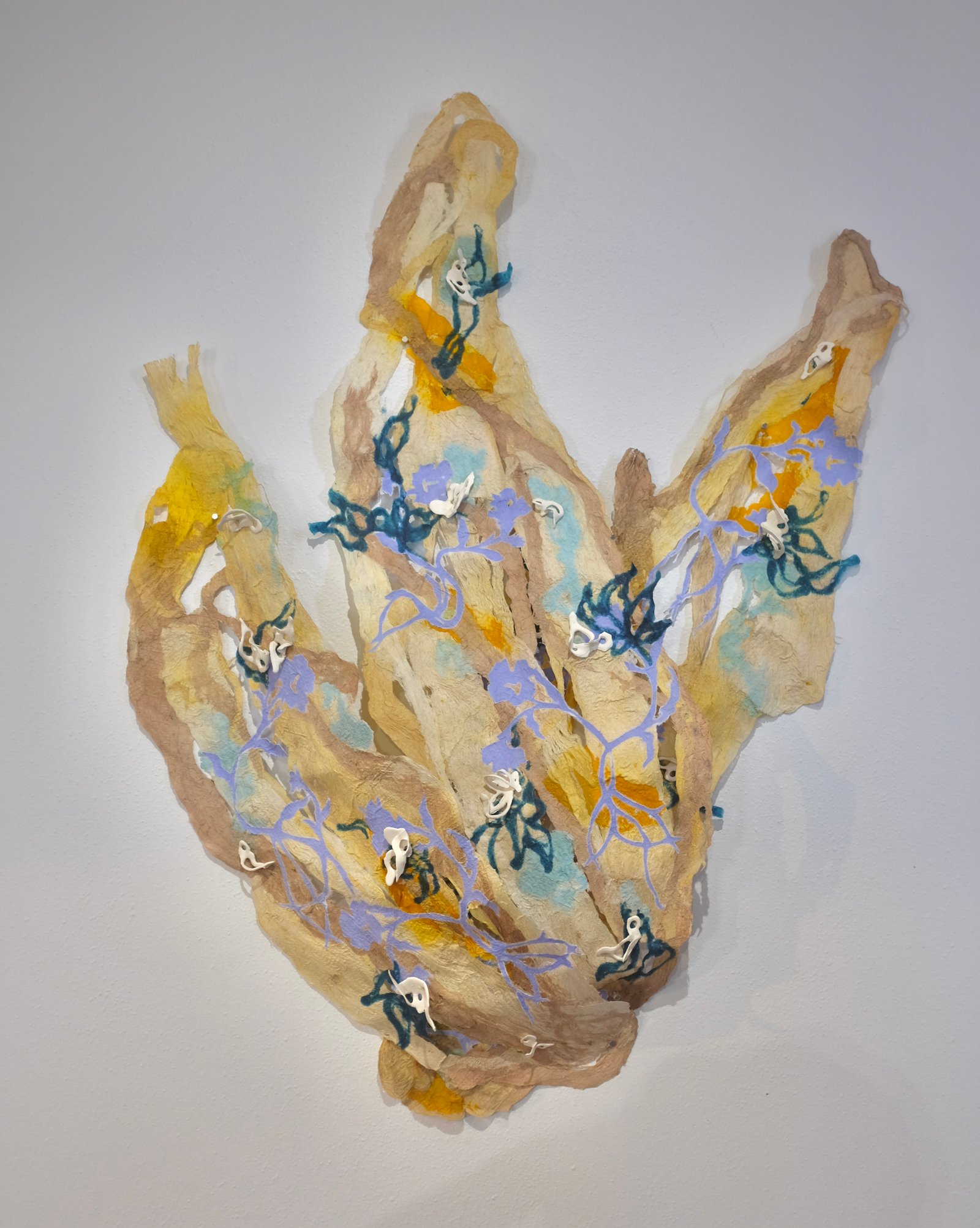 “Jade vines in translation,” kapa, short cotton blowouts, overbeaten abaca, ceramic, dyes, 2025